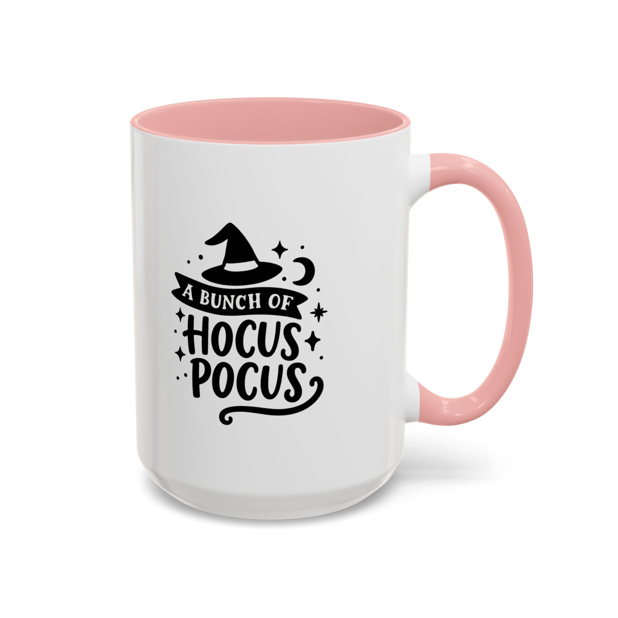 White two-tone coffee mug with a pink handle and interior and a black 'A Bunch of Hocus Pocus' witch-hat design, on a white background