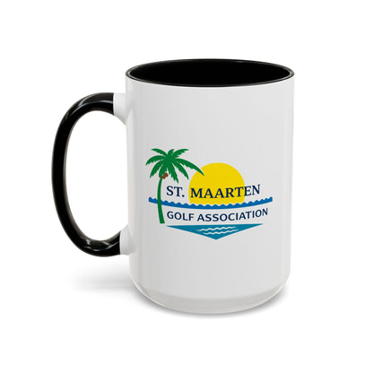 White mug with black handle featuring St. Maarten Golf Association logo on a white background
