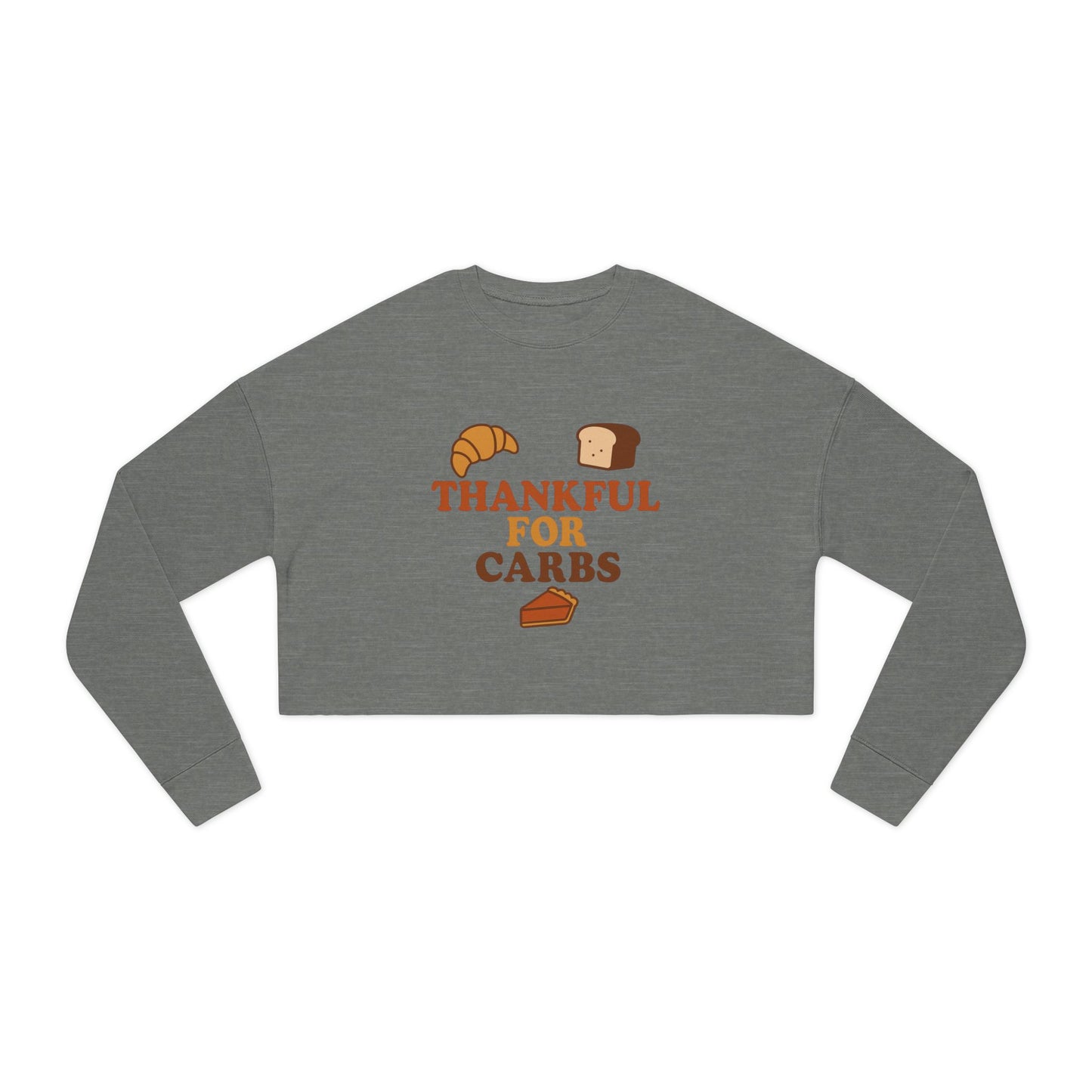 Gray long-sleeve crop top with 'Thankful for Carbs' text and food graphics on a white background