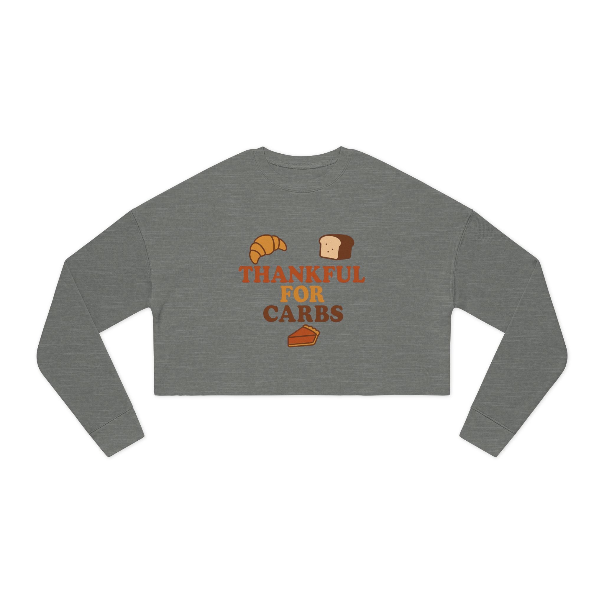 Gray long-sleeve crop top with 'Thankful for Carbs' text and food graphics on a white background
