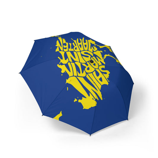 Blue umbrella with Sint Maarten Word Map in yellow
