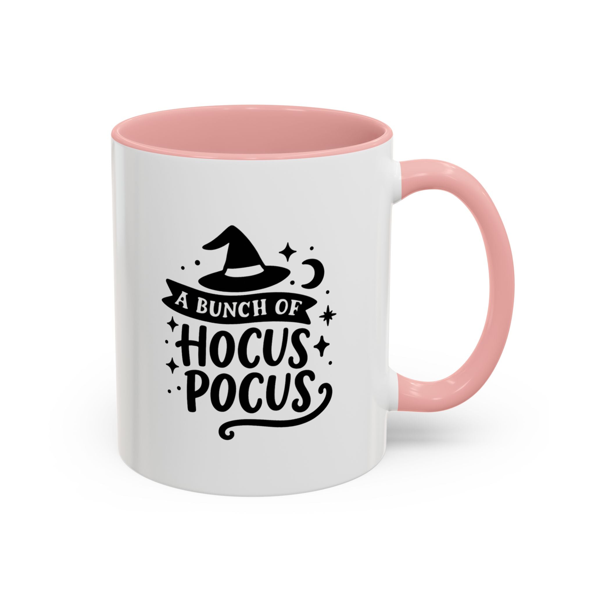 White two-tone coffee mug with a pink handle and interior and a black 'A Bunch of Hocus Pocus' witch-hat design, on a white background
