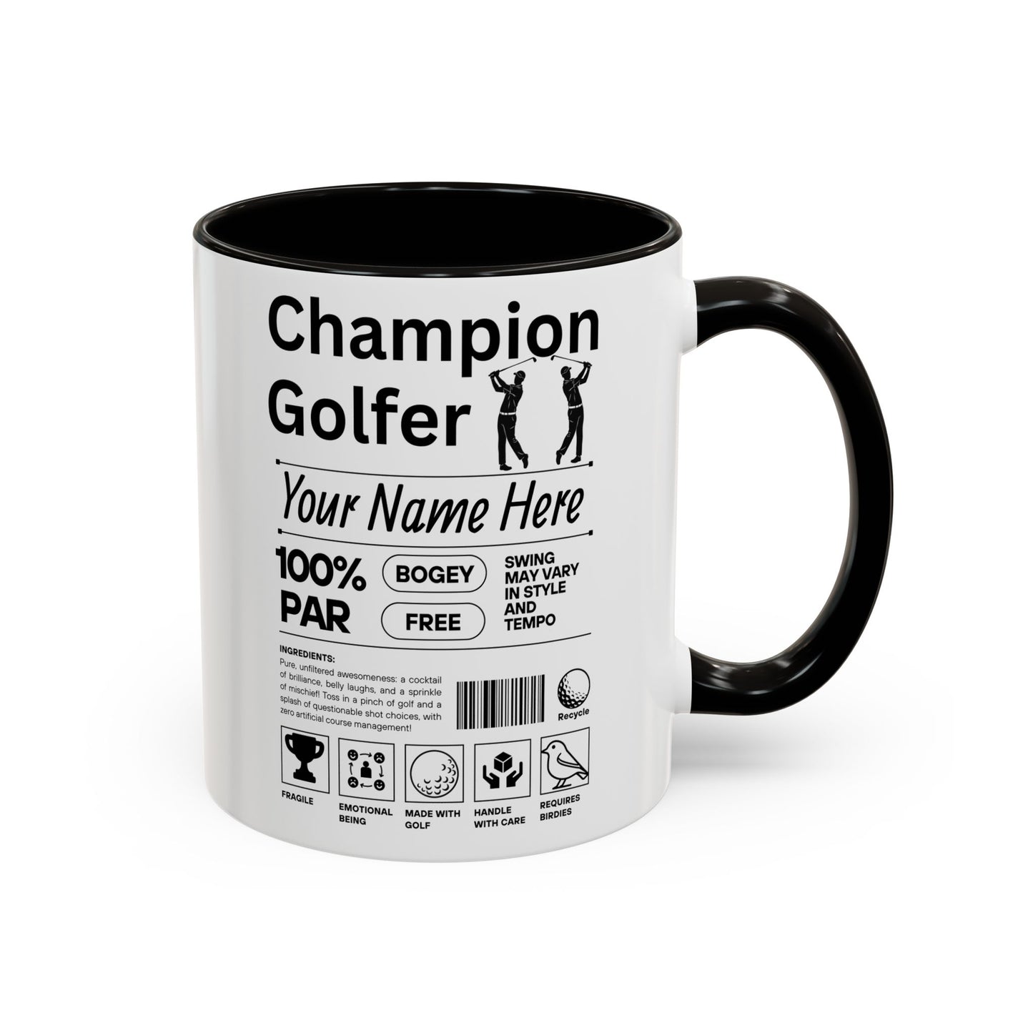 Mug with 'Champion Golfer' design on a white background and black handle