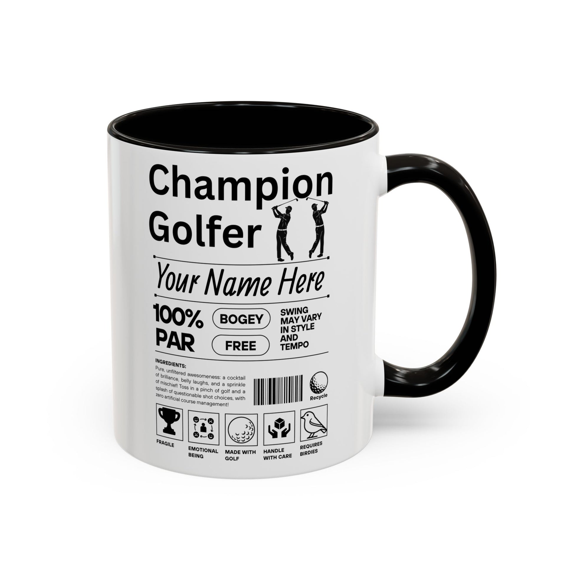 Mug with 'Champion Golfer' design on a white background and black handle