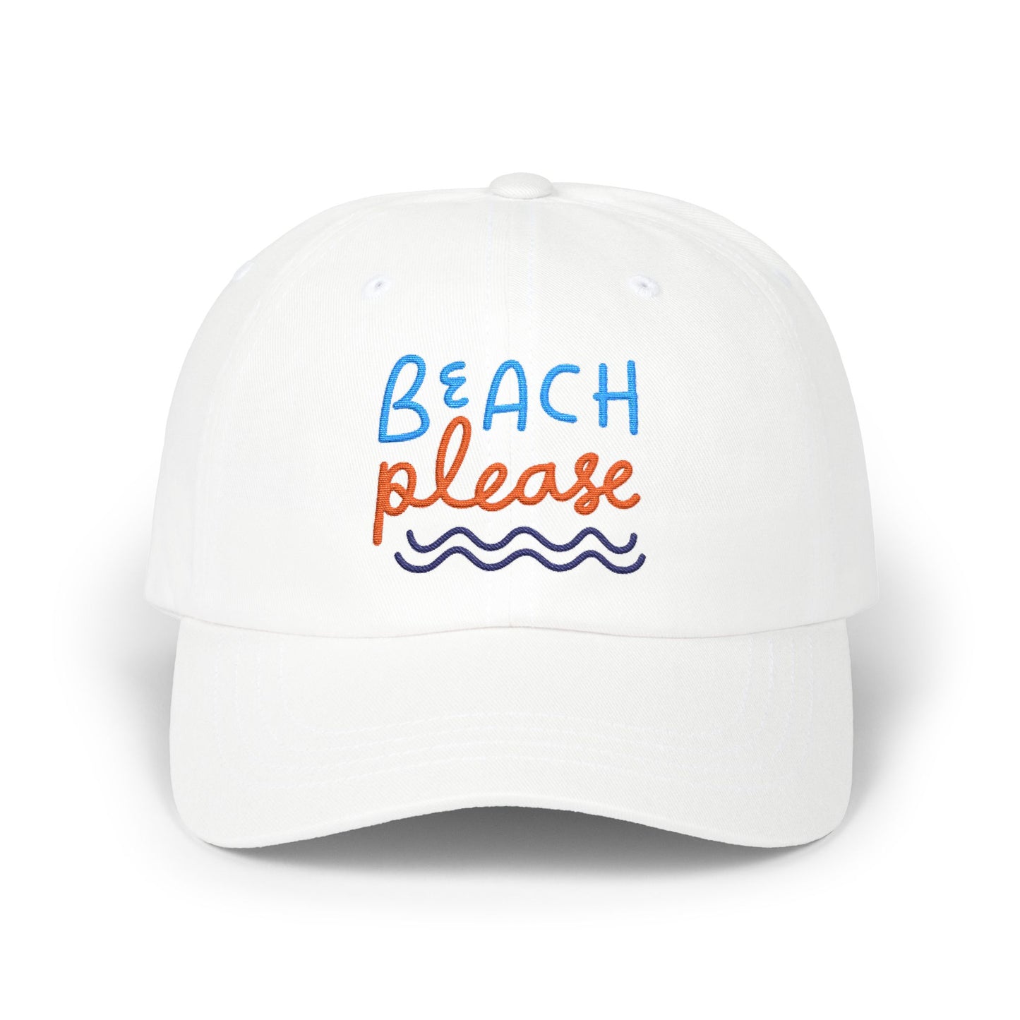 White dad cap with embroidered 'Beach Please' text in blue and orange with a wave, front view on a white background
