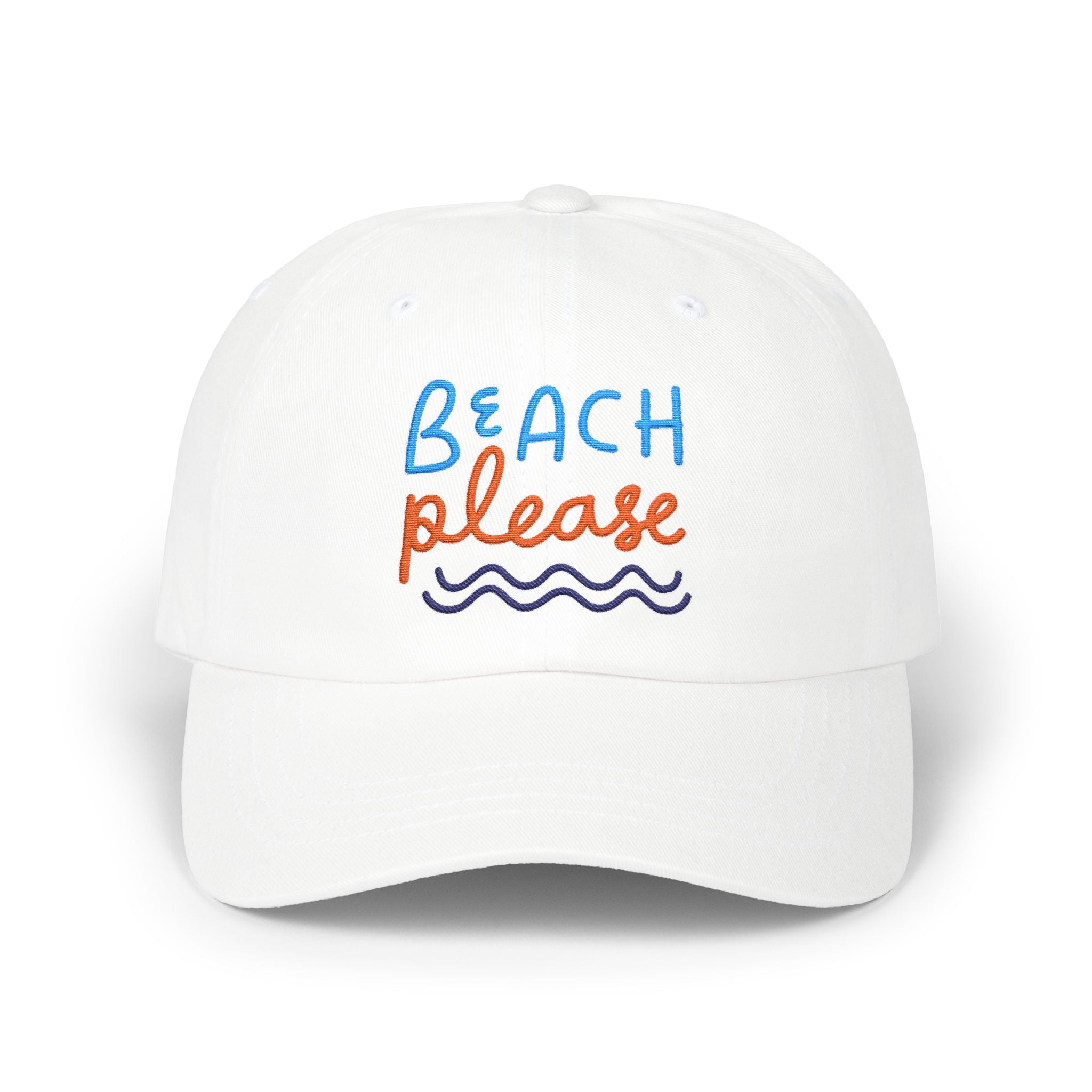 White dad cap with embroidered 'Beach Please' text in blue and orange with a wave, front view on a white background