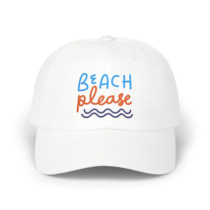 White dad cap with embroidered 'Beach Please' text in blue and orange with a wave, front view on a white background