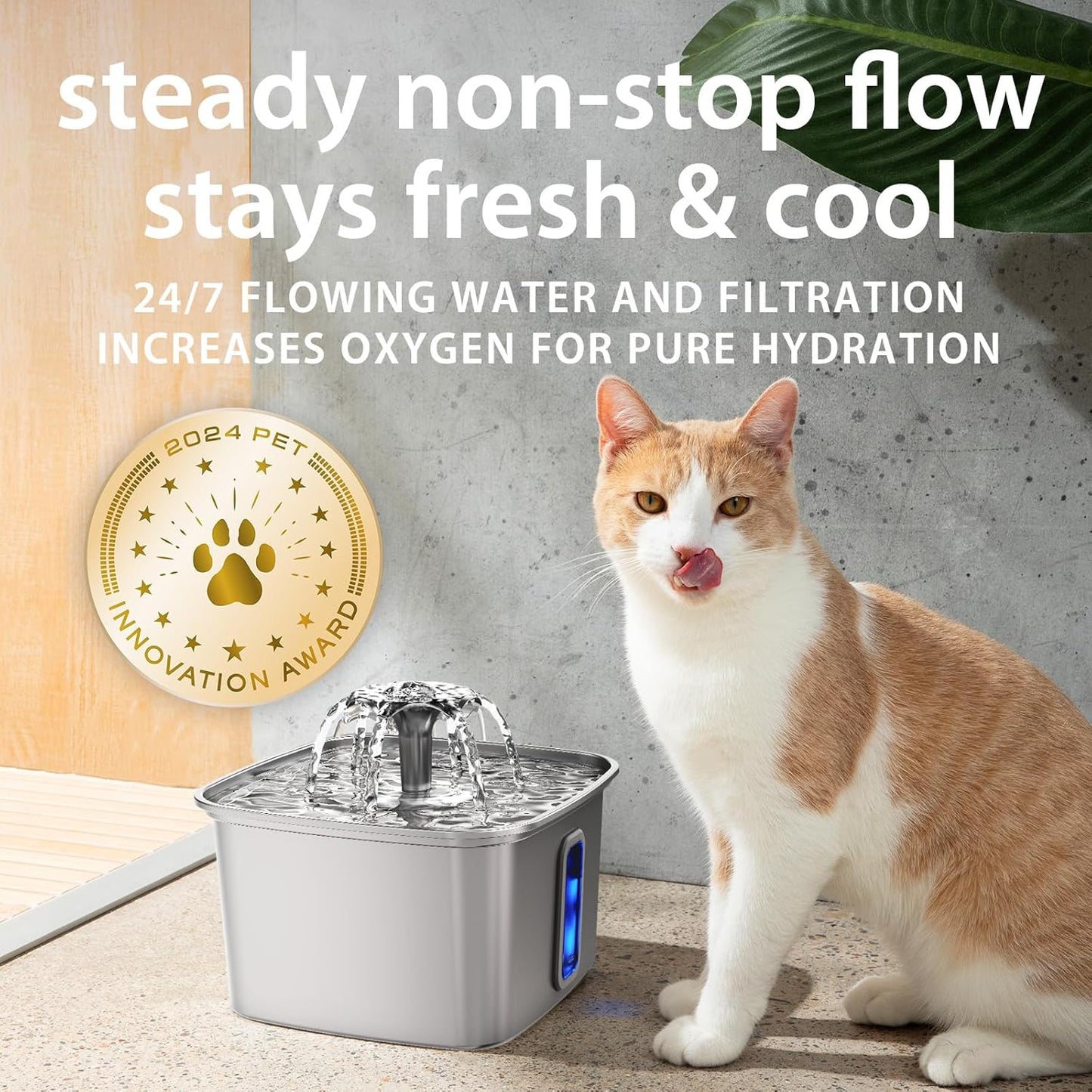 Cat drinking from a pet water fountain with text about steady flow and hydration.