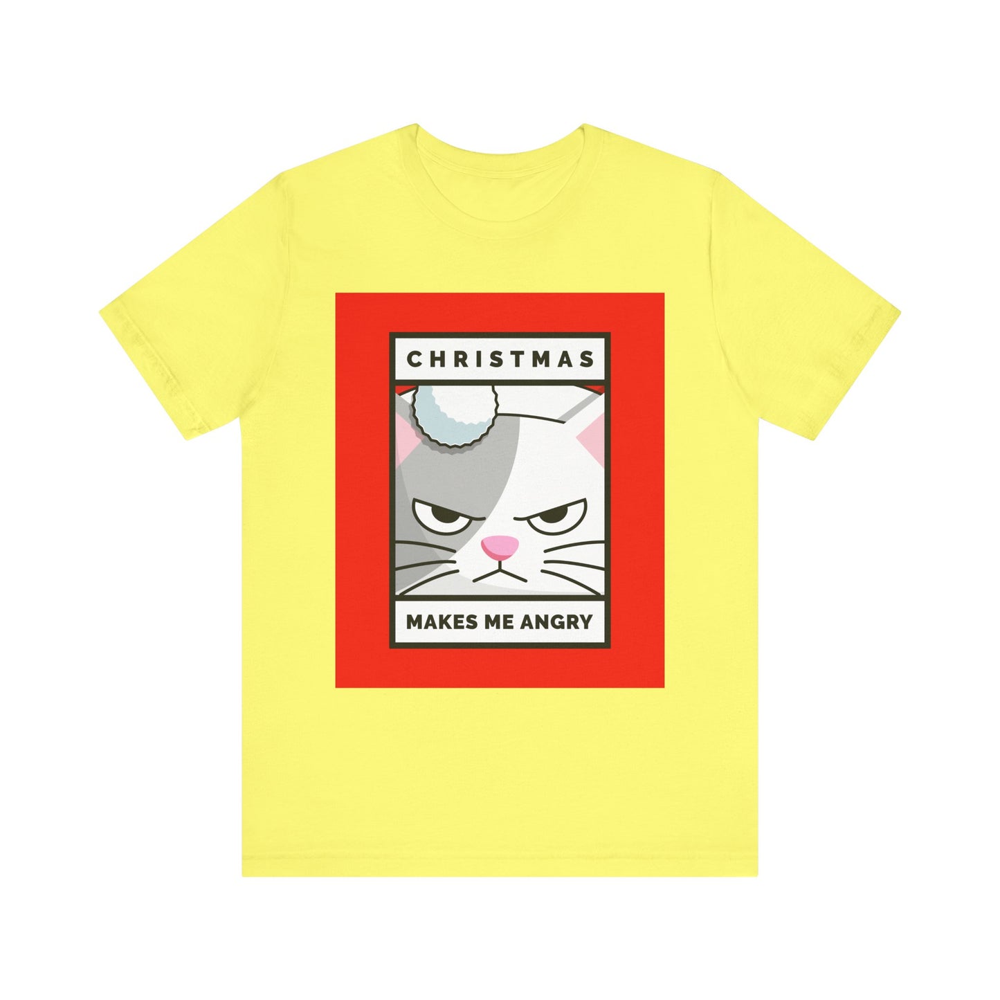 Yellow t-shirt with a graphic of an angry cat and text on a white background