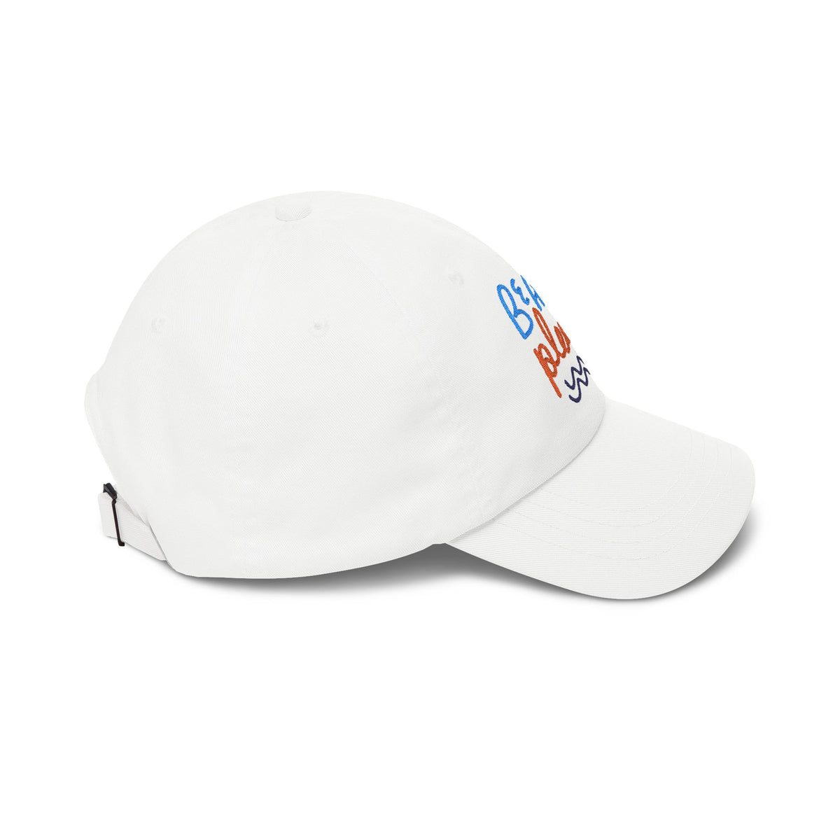 White dad cap with embroidered 'Beach Please' text, side view on a white background