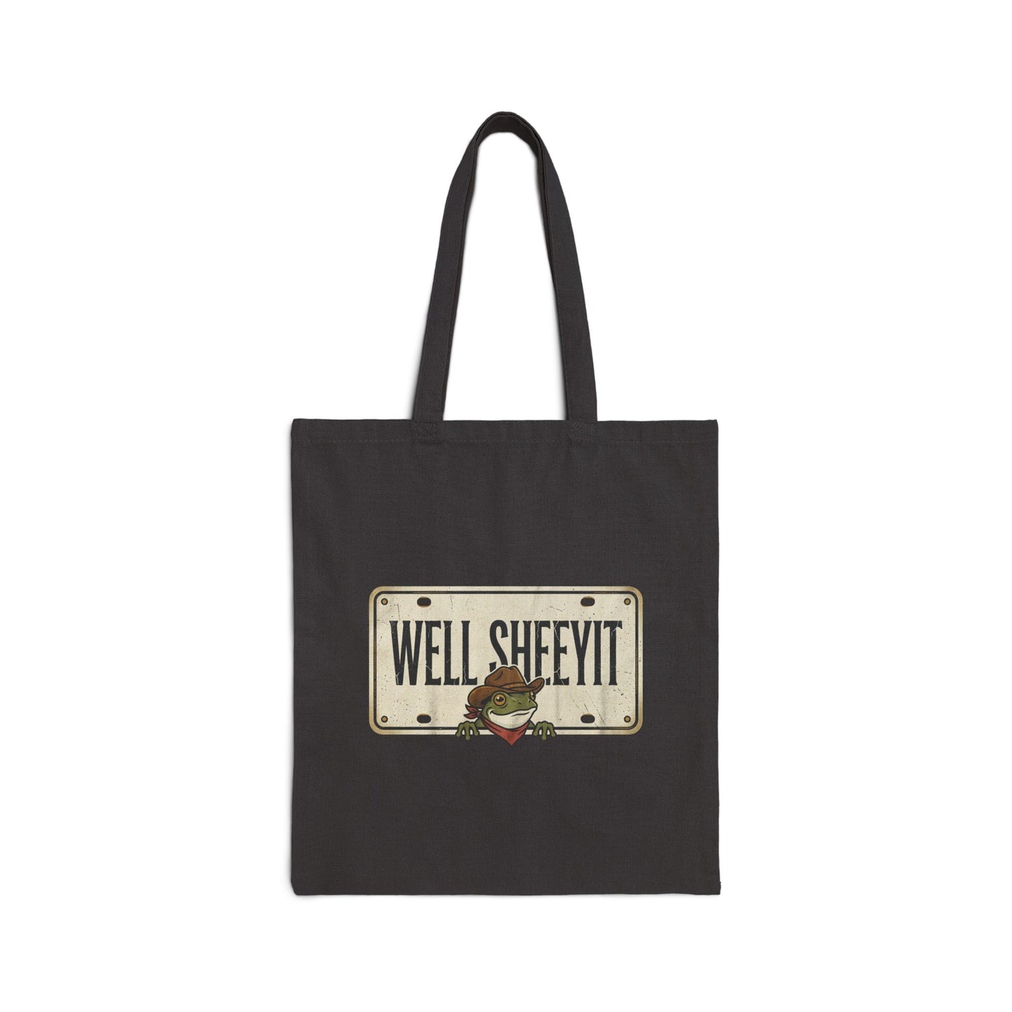 Dark gray canvas tote bag with a 'Well Sheeyit' license-plate graphic and a cartoon cowboy frog