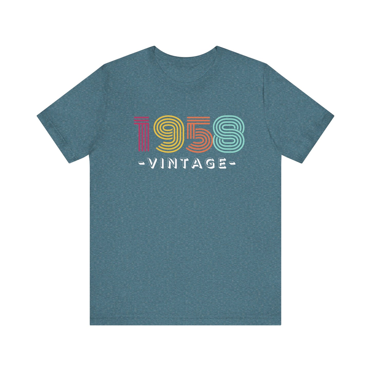 Blue t-shirt with '1958 vintage' text in multicolor on a white background