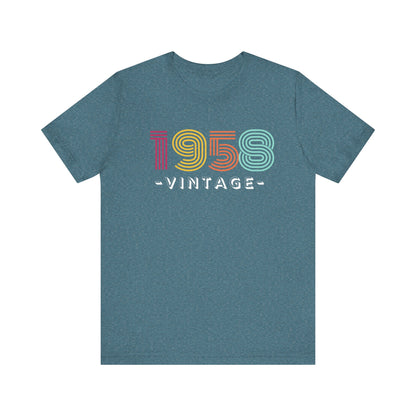 Blue t-shirt with '1958 vintage' text in multicolor on a white background