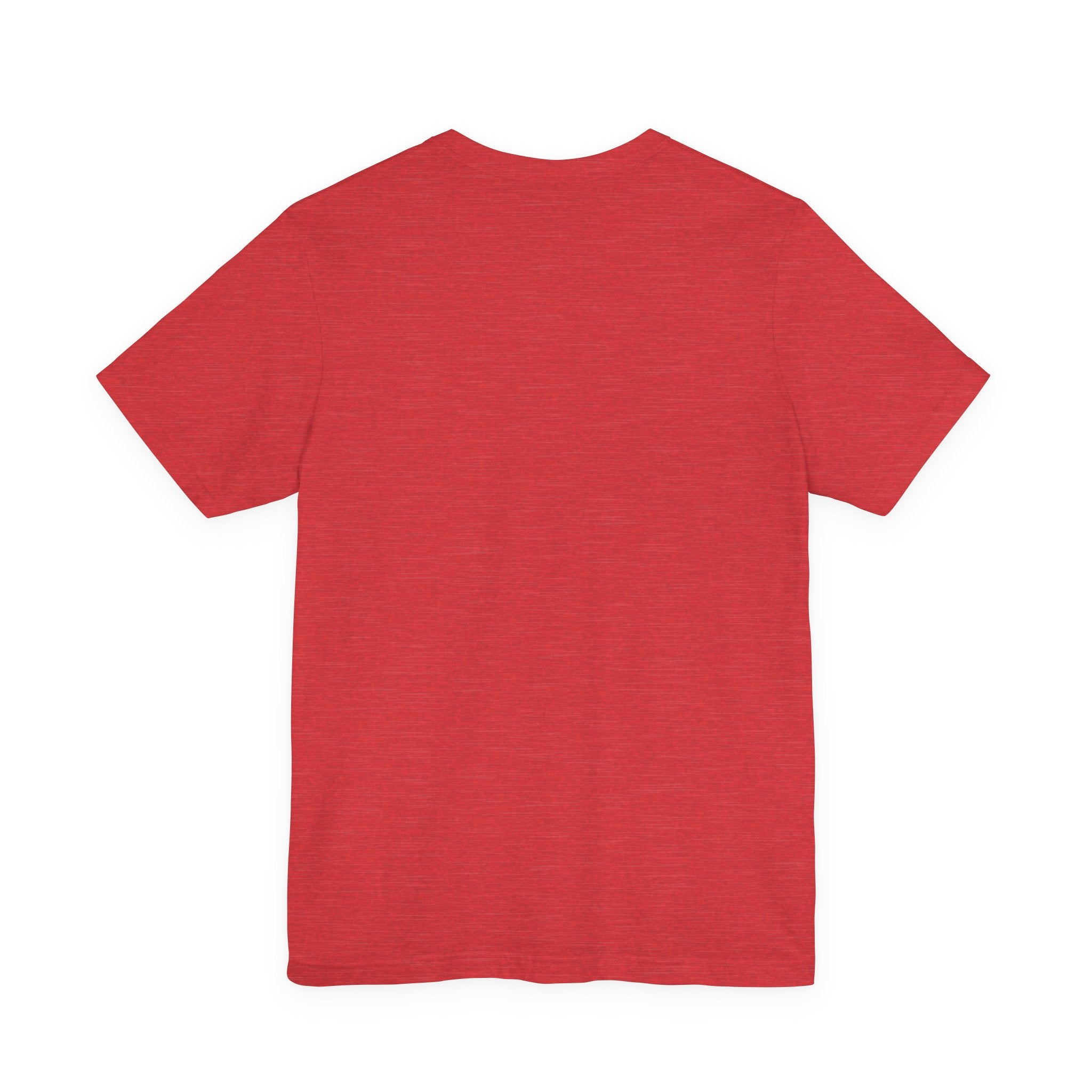 Back view of a plain heather red t-shirt on a white background