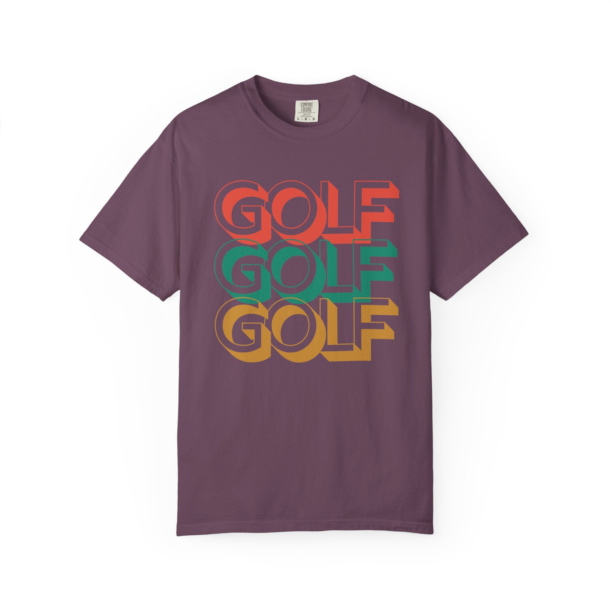Purple t-shirt with 'GOLF' text in different colors on a white background