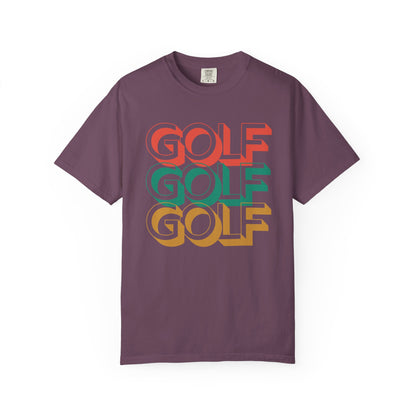 Purple t-shirt with 'GOLF' text in different colors on a white background
