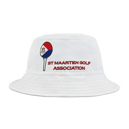 White bucket hat with St Maarten Golf Association logo on a white background
