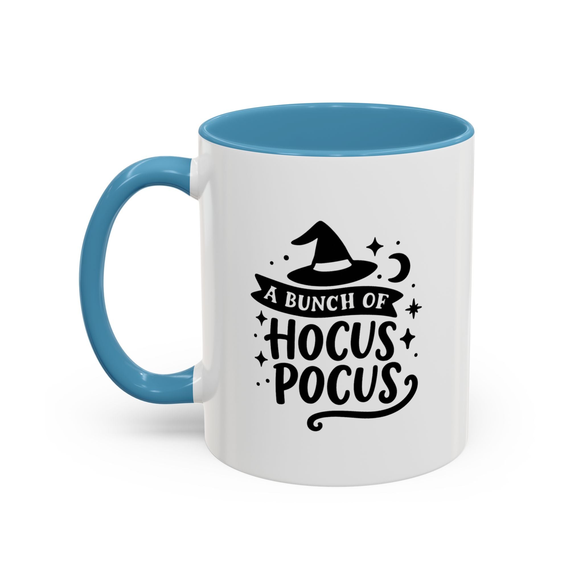 White two-tone coffee mug with a light blue handle and interior and a black 'A Bunch of Hocus Pocus' witch-hat design, on a white background