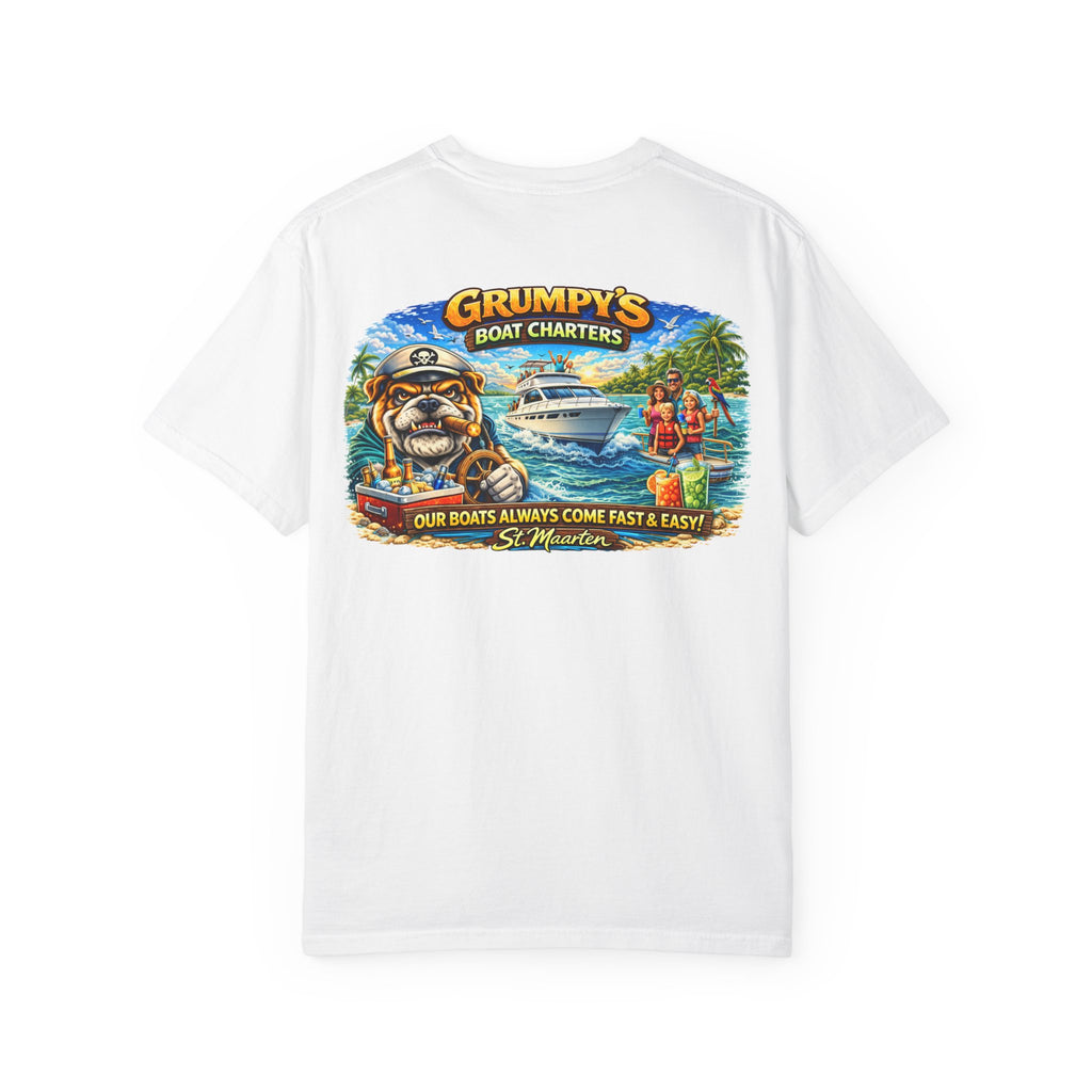 White t-shirt with a colorful graphic of a boat and bulldog on a white background