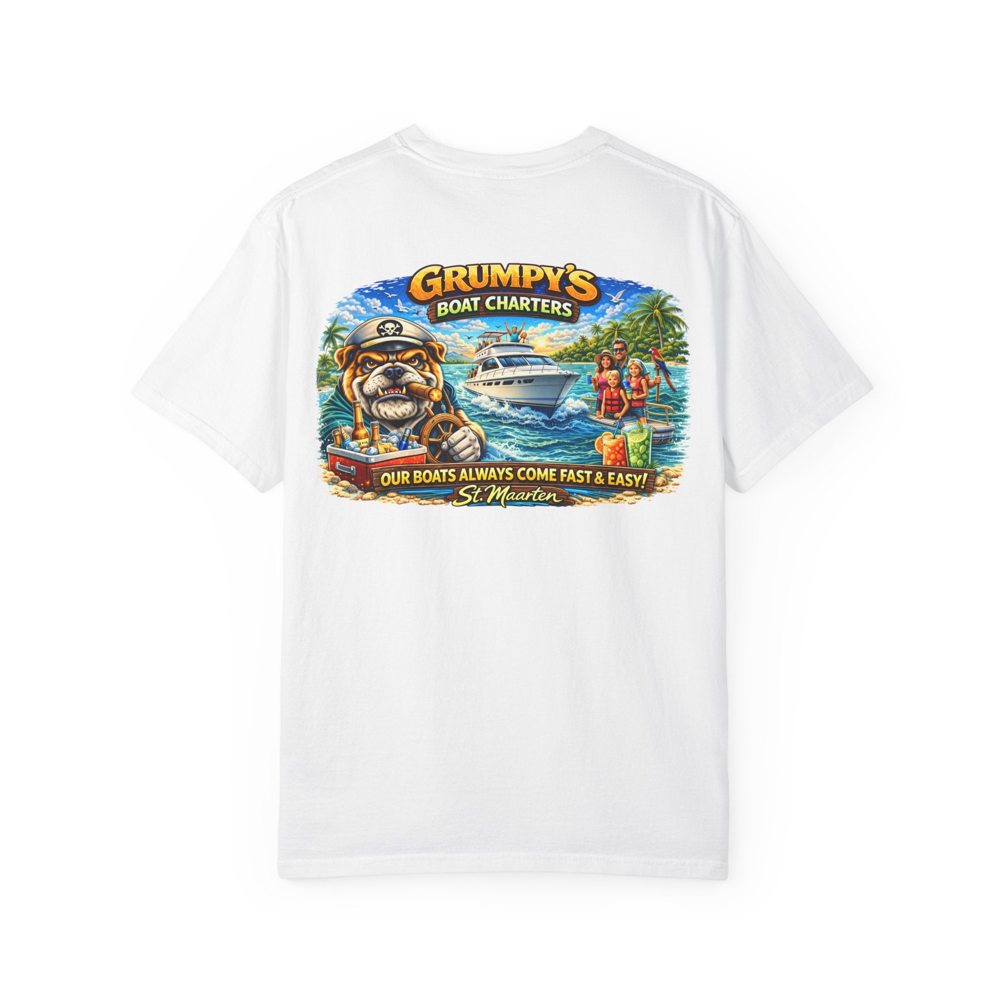 White t-shirt with a colorful graphic of a boat and bulldog on a white background