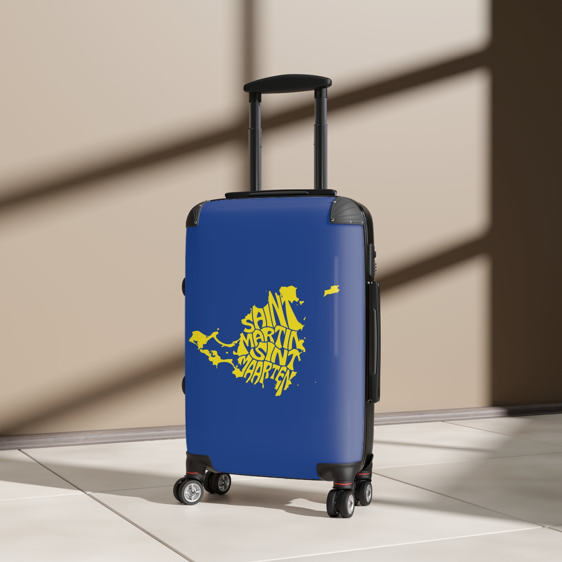 Blue suitcase with yellow text on a beige floor