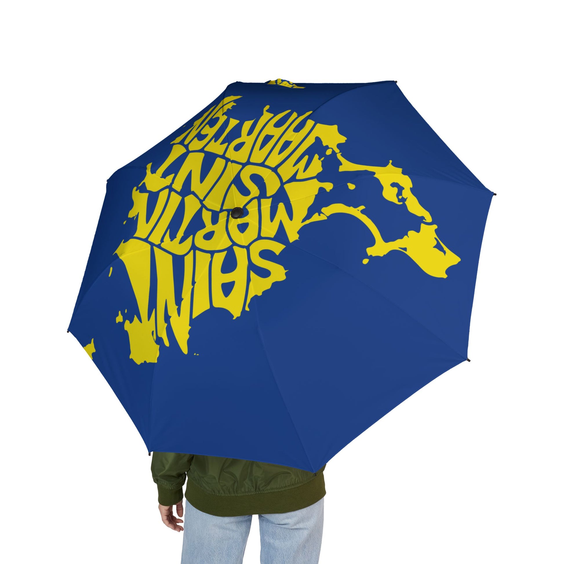 Blue umbrella with yellow text and map of Sint Maarten