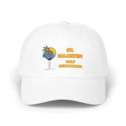 White cap with St. Maarten Golf Association logo on a white background