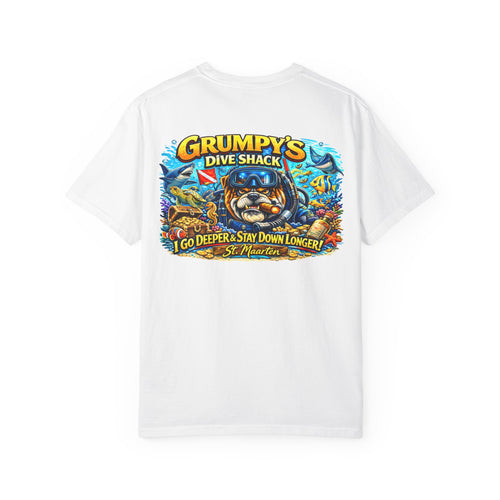 White t-shirt, back view with a large Grumpy's Dive Shack scuba bulldog graphic reading 'I Go Deeper & Stay Down Longer! St. Maarten', on a white background
