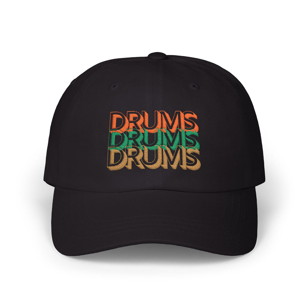 Black cap with 'DRUMS' text in multiple colors on a white background