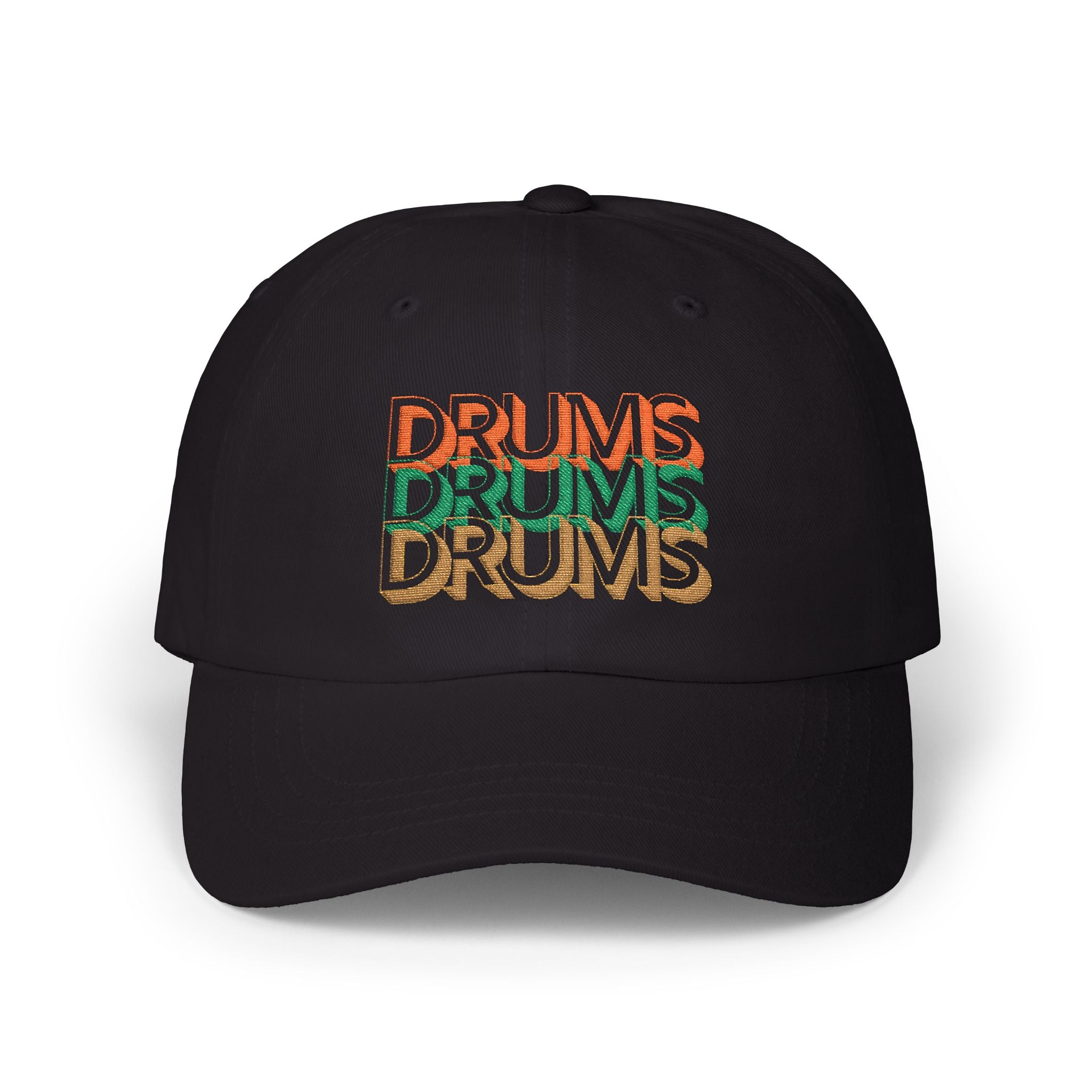 Black cap with 'DRUMS' text in multiple colors on a white background