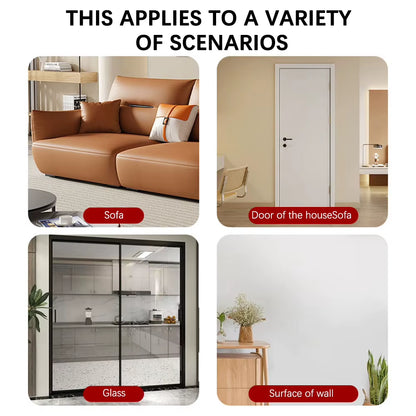 Wall mounted, self-adhesive cat scratcher with random hanging cat toy.