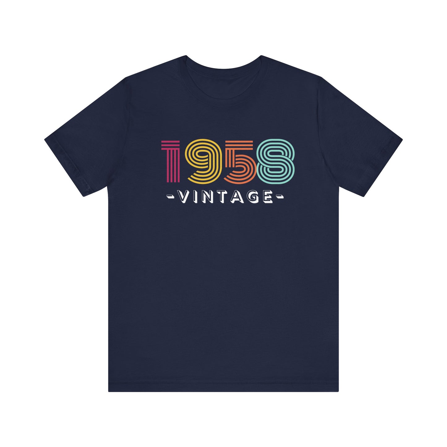 Navy blue t-shirt with '1958 vintage' text in colorful letters on a white background