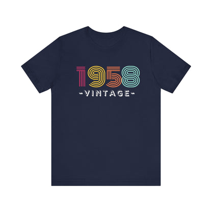 Navy blue t-shirt with '1958 vintage' text in colorful letters on a white background