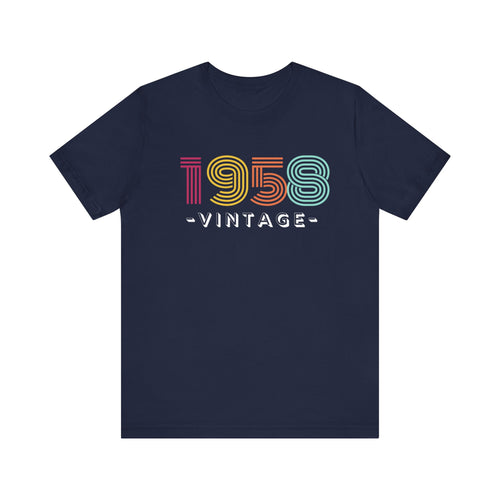 Navy blue t-shirt with '1958 vintage' text in colorful letters on a white background
