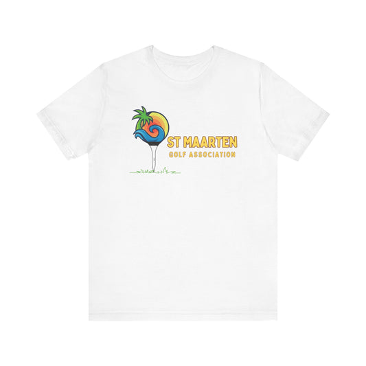 White t-shirt with a colorful logo and text on a white background