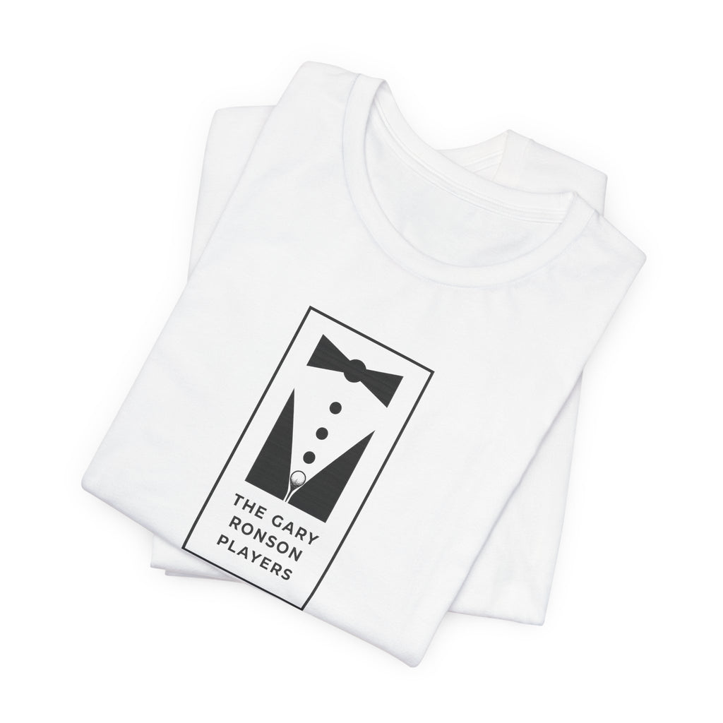 Folded white t-shirt showing the tuxedo 'The Gary Ronson Players' graphic, on a white background