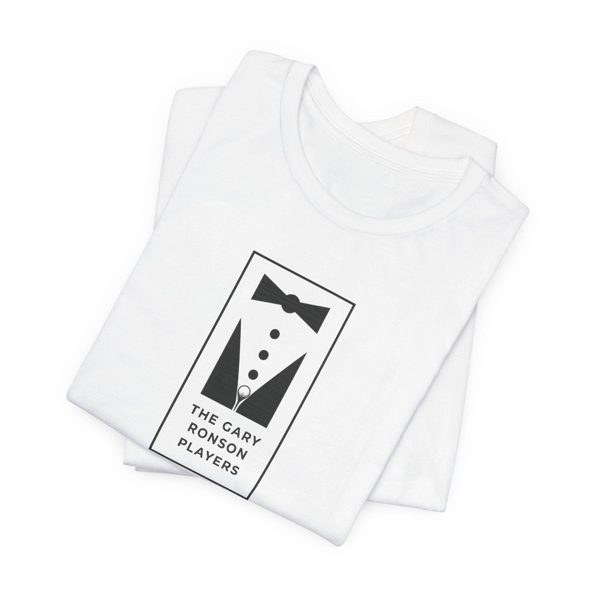 Folded white t-shirt showing the tuxedo 'The Gary Ronson Players' graphic, on a white background