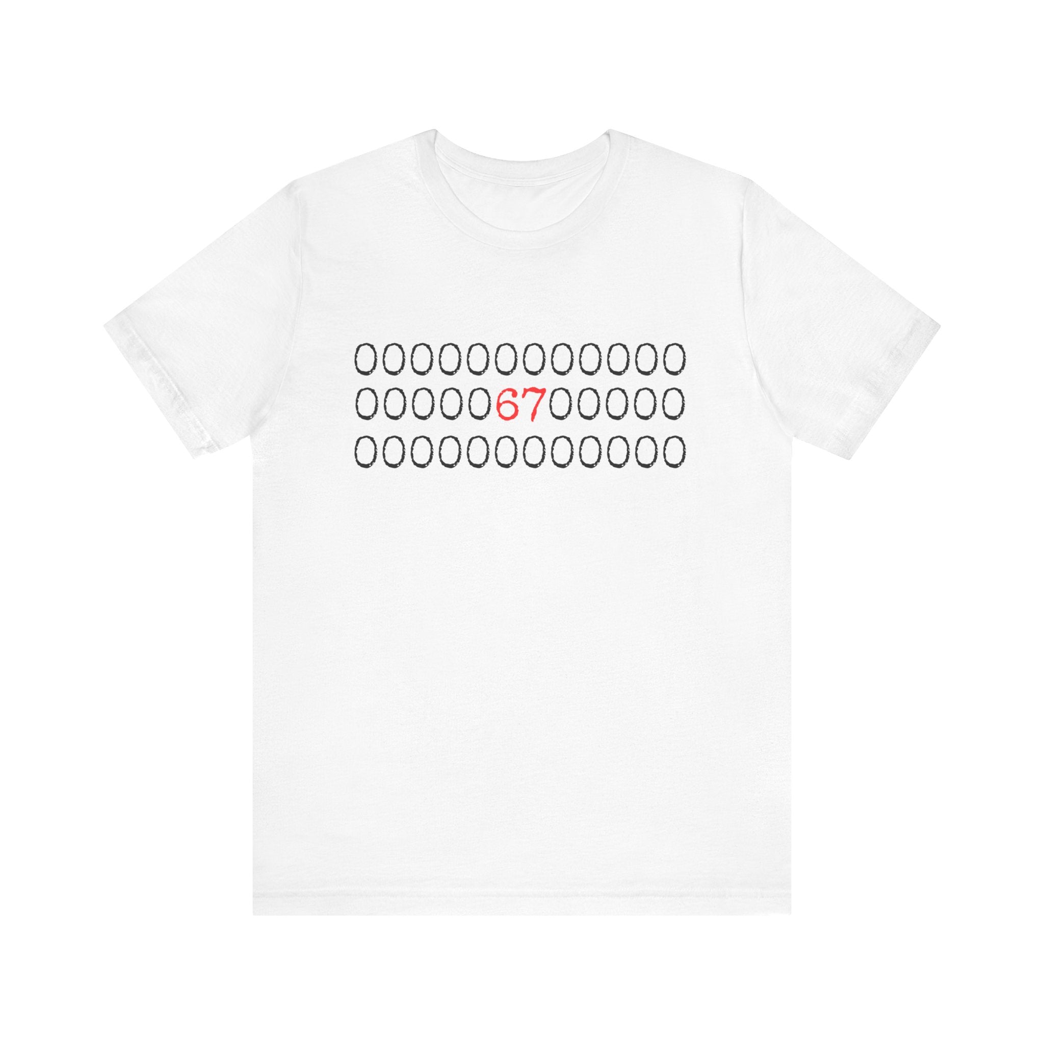 White t-shirt with black text and red number on a white background