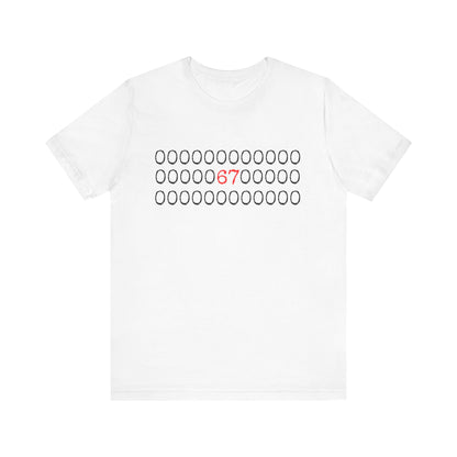 White t-shirt with black text and red number on a white background