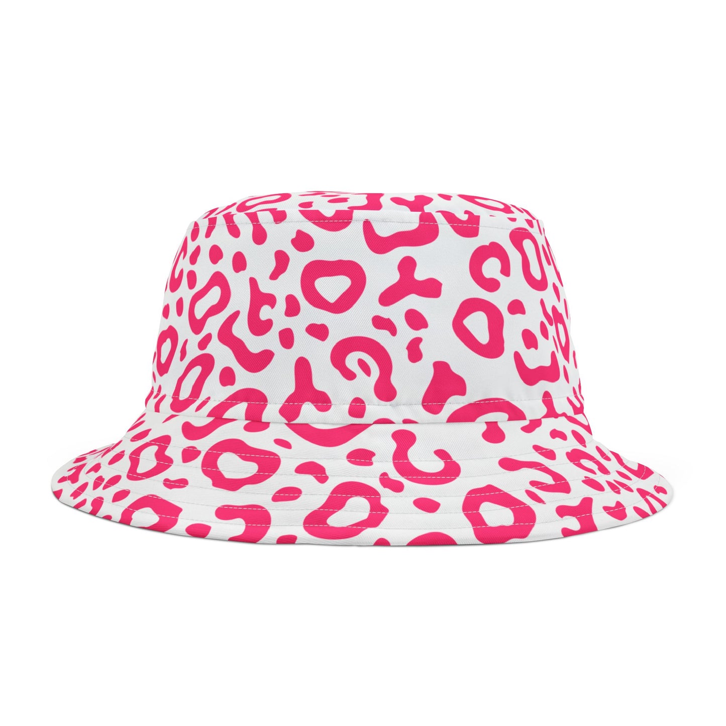 White bucket hat with pink leopard print pattern on a white background