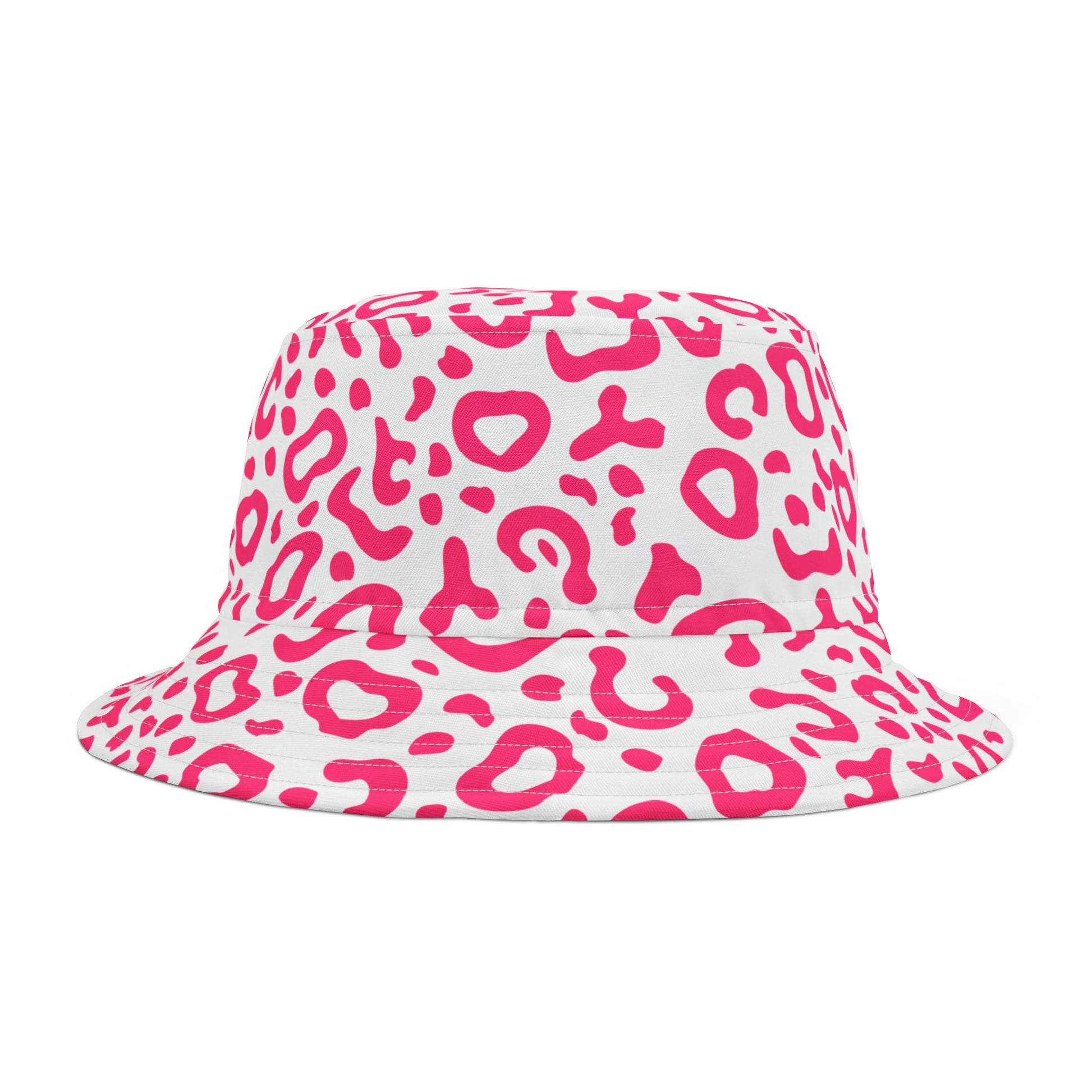 White bucket hat with pink leopard print pattern on a white background