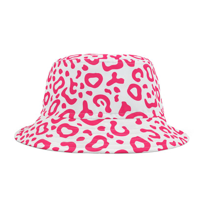 White bucket hat with pink leopard print pattern on a white background