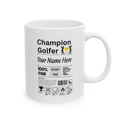 White mug with 'Champion Golfer' text and graphics on a white background