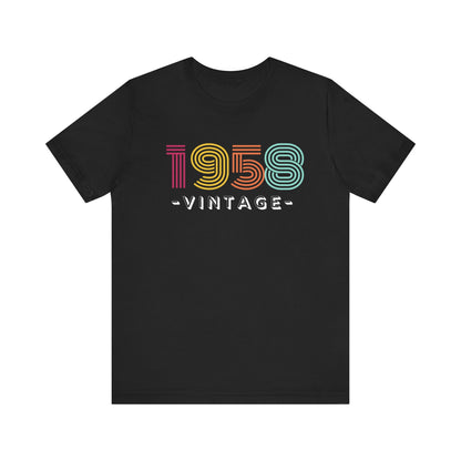 Black t-shirt with '1958 vintage' text in colorful letters on a white background