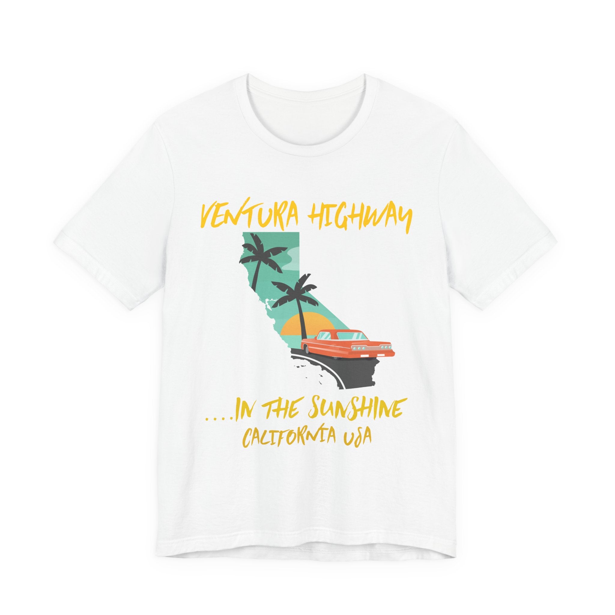 White t-shirt with a 'Ventura Highway in the Sunshine, California USA' graphic featuring the California map, palm trees, and a red convertible, on a white background