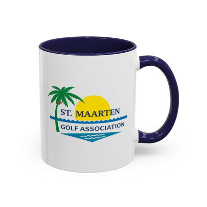 Mug with St. Maarten Golf Association logo featuring a palm tree and sun design.