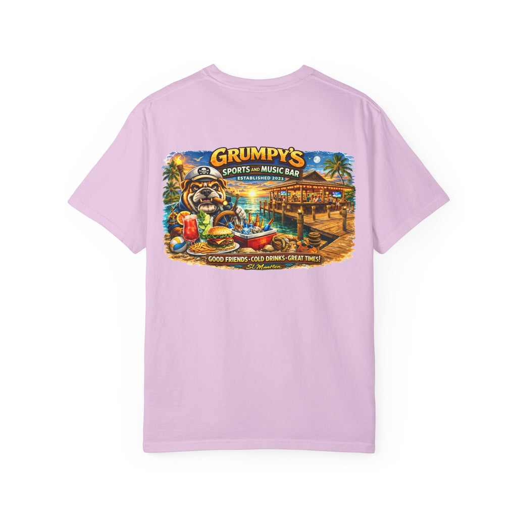 Pink t-shirt with a graphic of Grumpy's Sports and Music Bar on a white background