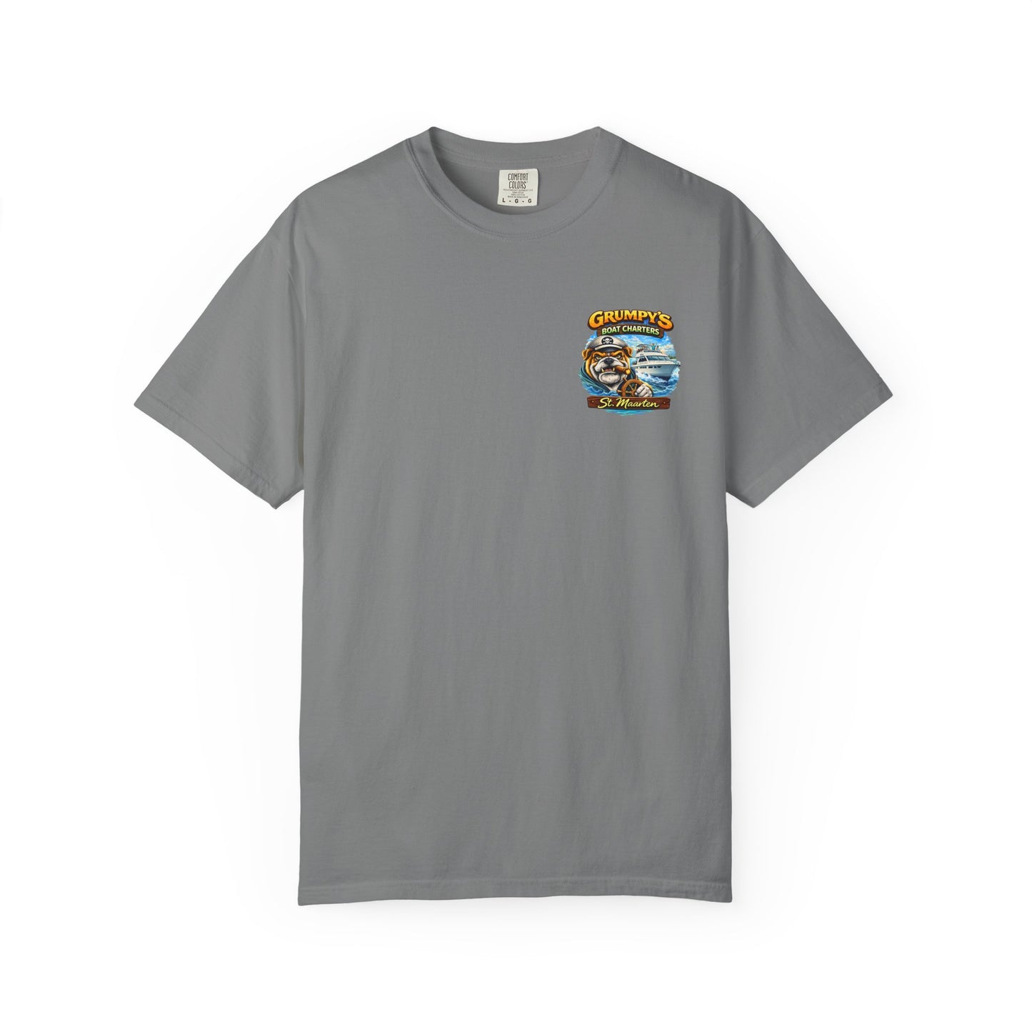 Gray t-shirt with a graphic design on a white background