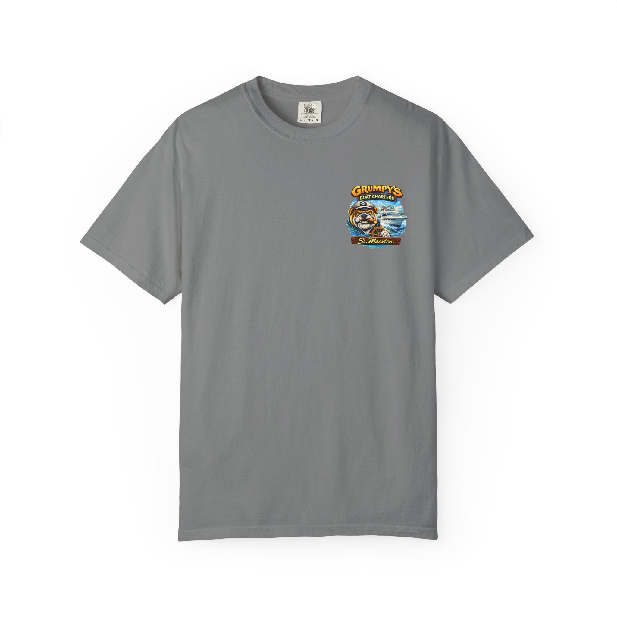 Gray t-shirt with a graphic design on a white background