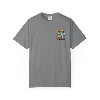 Gray t-shirt with a graphic design on a white background